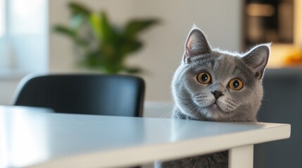 Wall Mural - A grey cat looks directly at the camera while sitting at a table