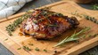 © Larisa - Savory balsamic chicken thigh glazed to perfection garnished with fresh herbs on a rustic wooden board