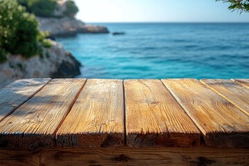 Wall Mural - coastal scene with a wooden table overlooking the ocean, suitable for use in travel or coastal-theme