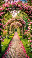 Sticker - Romantic Garden Pathways Lined With Blooming Roses. Generative AI