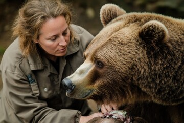 Wall Mural - A woman gently pets a large brown bear in a natural setting