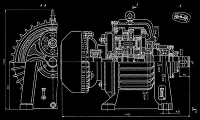 Wall Mural - Engineering mechanical pencil drawing set of steel device
(reducer, gearbox, engine)
with dimension lines. Industrial 
cad scheme on paper sheet. Technology background
of machine building industry.