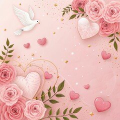 Sticker - Valentine Background With Pink Roses and Hearts Design. Generative AI