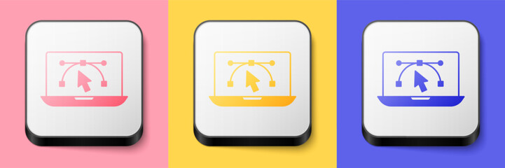 Isometric Computer display with vector design program icon isolated on isolated on pink, yellow and blue background. Photo editor software with user interface. Square button. Vector