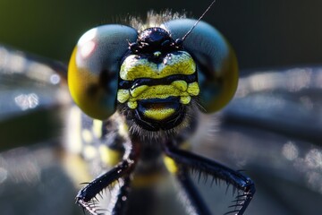 Wall Mural - Close-up view of a dragonfly's facial features, with intricate details and colors