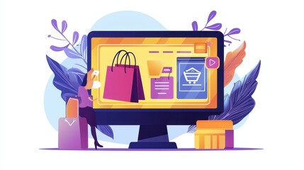 A person designing a website ad with a computer screen showing a product promotion on a white isolated background