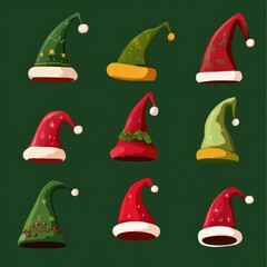 Canvas Print - A set of colorful Christmas hats on a green background