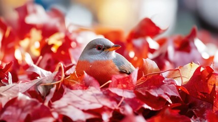 Wall Mural - A small bird perched on a pile of autumn leaves