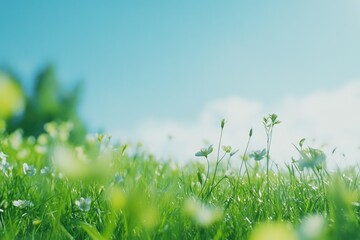 Wall Mural - A beautiful field with white flowers growing among green grass, perfect for background use in various designs and compositions