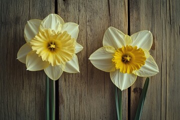 Poster - Close-up of two bright yellow daffodils growing on a wooden surface, possibly a garden bench or table