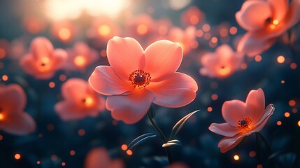 Wall Mural - Luminous Coral Flowers Bloom at Sunset