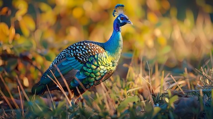 A Guineafowl bird with a vibrant blue and green feather pattern, standing gracefully in a field.