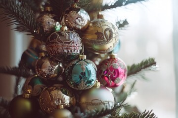 Canvas Print - Close-up shot of a Christmas tree with ornaments