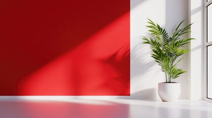 Wall Mural - Sunlight casts shadows on a red wall beside a potted plant