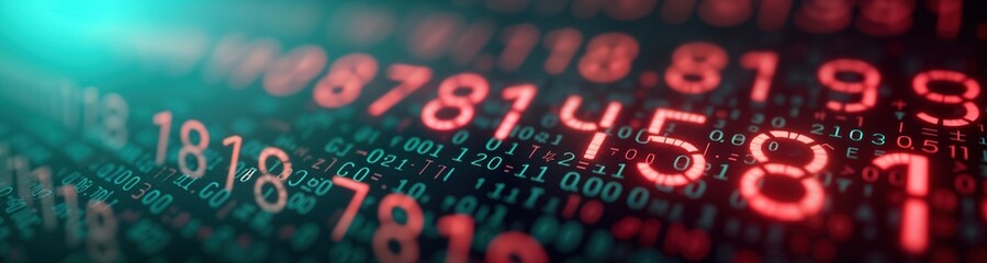 Abstract futuristic digital display with glowing numbers, binary code. Dynamic vibrant colors suggest data flow. Tech background ideal for tech events. Complex digital pattern evokes advanced