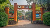 Zoo gates with pointers to wild animals cages monkeys, zebras, giraffes, lions, penguins and elephants. Outdoor park entrance with green bushes fencing and stone pillars. Cartoon vector illustration