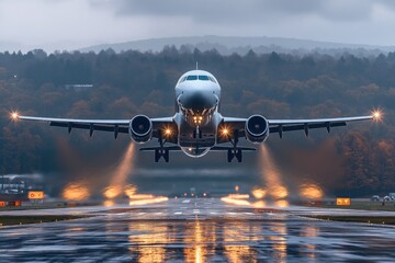 A large commercial aircraft departs from the runway, ready for its journey