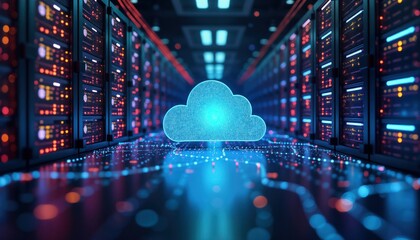 futuristic server room displays modern digital tech. cloud tech icon glows in data center. modern te