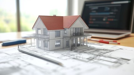 3d modelling isometric landing page. Cad engineer model project on computer desktop screen with construction supplies around. Software program for pc, technical blueprint, vector line art web banner