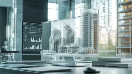 3d modelling isometric landing page. Cad engineer model project on computer desktop screen with construction supplies around. Software program for pc, technical blueprint, vector line art web banner