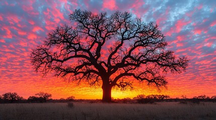 Wall Mural - silhouette of a large tree at sunset with vibrant, colorful clouds.