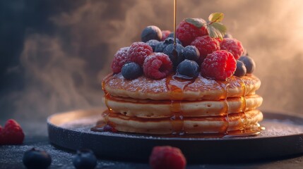 Sticker - A stack of fluffy pancakes topped with fresh raspberries, blueberries, and a drizzle of syrup, set against a softly lit background