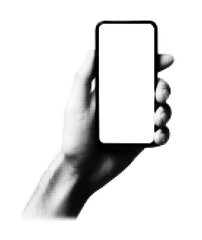 Halftone hand holding smartphone blank screen. Black and white dotted design phone in hand mobile technology minimal isolated digital concept