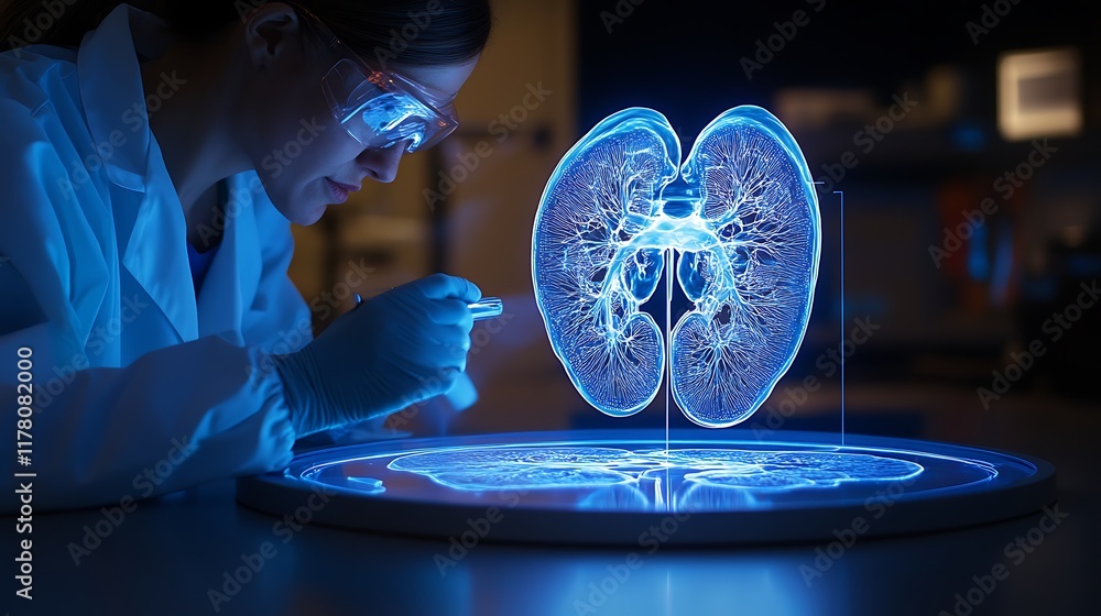 Research lab with advanced technology featuring a hologram of a kidney ...