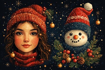 Sticker - A young girl poses with a snowman in a winter wonderland scene