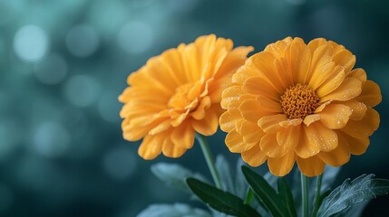 Two Dew Covered Orange Flowers Bloom Beautifully