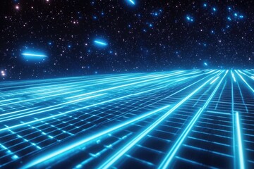 A computer screen displaying glowing lines and stars in the background