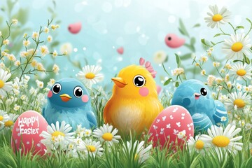 Wall Mural - Celebrate Easter with colorful birds and decorated eggs in a vibrant spring setting