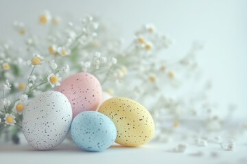 Wall Mural - Colorful Easter eggs displayed alongside delicate flowers for a joyful spring celebration