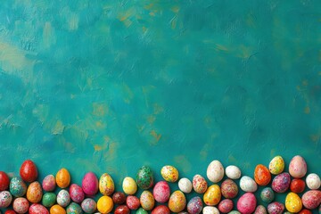 Wall Mural - Colorful Easter eggs arranged along a vibrant turquoise background for joyful celebrations