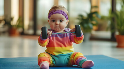 Baby dressed in workout attire sitting in a gym, symbolizing energy and motivation, ideal for fitness campaigns or humorous branding