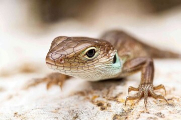 Wall Mural - A close-up shot of a lizard sitting on a rock, its scales and eyes visible