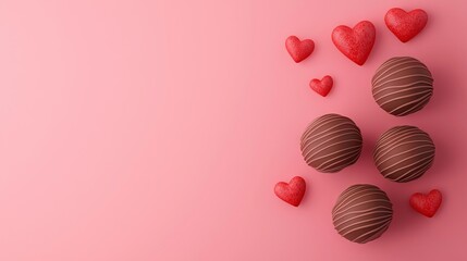 Wall Mural - A group of chocolate covered strawberries and hearts on a pink background