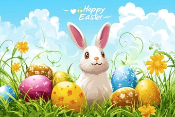 Wall Mural - Colorful Easter celebration featuring a cheerful bunny and decorated eggs in a bright meadow