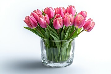 Wall Mural - A close-up of pink tulips arranged in a clear glass vase, showcasing their vibrant color against a minimalistic background