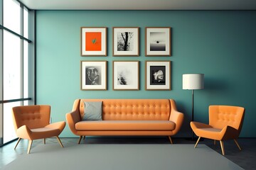  minimal design appartment, a wall with 2 or 3 picture frames, modern living-room, colourful center