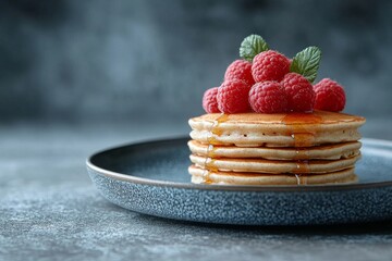 Sticker - A stack of pancakes topped with fresh raspberries and mint leaves, drizzled with syrup on a dark plate