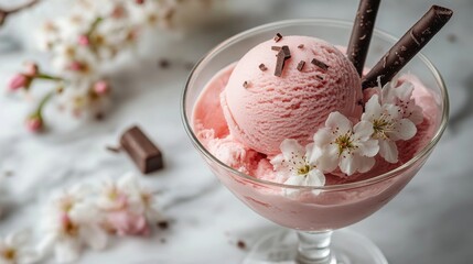 Sticker - A minimalistic stock photo of an elegant dessert featuring pink ice cream topped with chocolate shavings and garnished with flowers