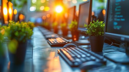 Wall Mural - An Array of Modern Computer Workstations with Natural Greenery and Soft Ambient Lighting Emphasizing a Harmonious Blend of Technology and Nature in the Office Setting