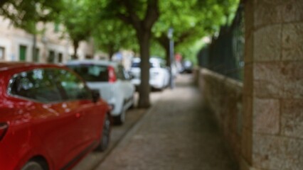 Wall Mural - Blurred image of an outdoor street in mallorca with parked cars, sidewalk, and tree-lined background on a sunny day