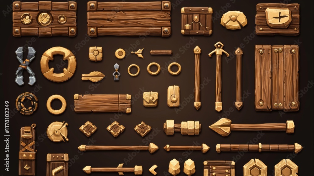 Game buttons of wooden and gold texture, cartoon menu interface ...