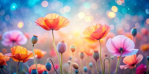 Wall Mural - Soft Pastel Poppy Flower Field Bokeh Background - Blurred Floral Texture