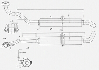 Wall Mural - truck muffler pipe assembly drawing. engineering mechanical draft of cargo vehicle. industrial cad s
