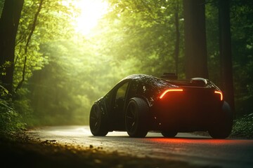 Wall Mural - A car navigates through dense forest along a winding road, offering scenic views of trees and foliage