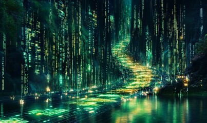 Digital Data Stream, Binary Code Flowing Over a High-Tech Circuit Board, Symbolizing Advanced Computing and Information Technology
