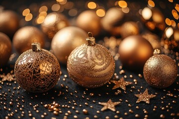 Canvas Print - A collection of shiny gold ornaments on a dark background, perfect for holiday season designs and decorations